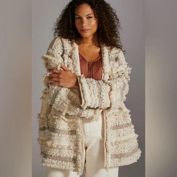 Anthropologie Dolan Cream Textured metallic fringed Jacket, sz L, - Picture 2 of 12
